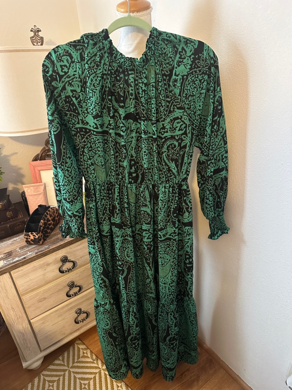 Green Paisley Long Sleeve Maxi Dress